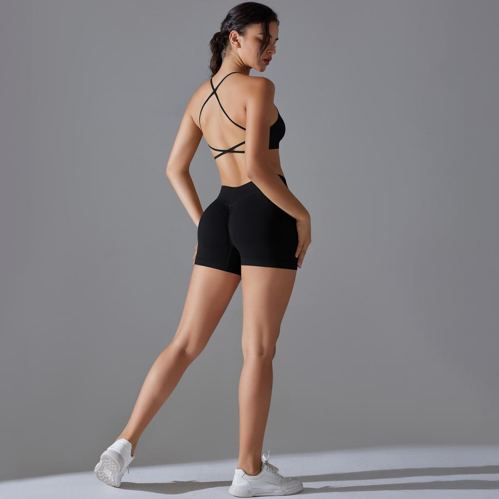 Seamless Solid Color Cross Beauty Back High Elastic Tight Sports Underwear Yoga Suit Running Fitness Two-piece Set