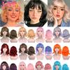 Short Wavy Wigs for Black Women African American Synthetic Pink Hair Purple Wigs with Bangs Heat Resistant Cosplay Wig