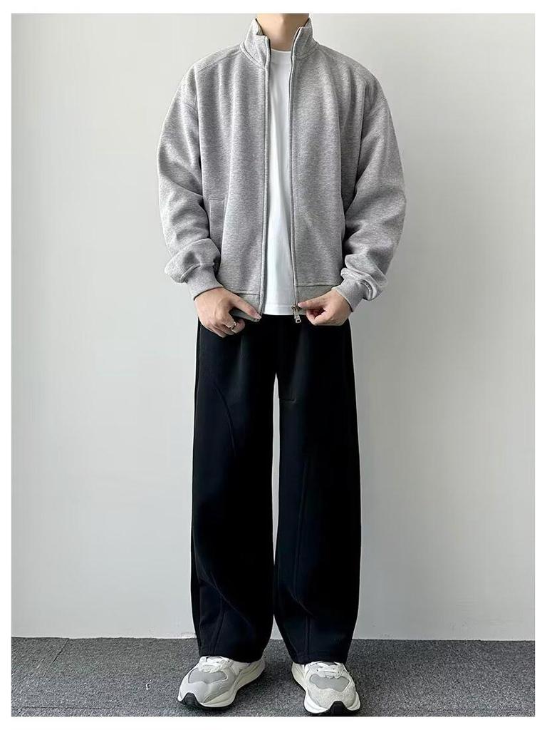 Men's Double Zipper Stand-up Collar Cardigan Hoodie - 2025 Casual Solid Color Outerwear for Spring & Autumn