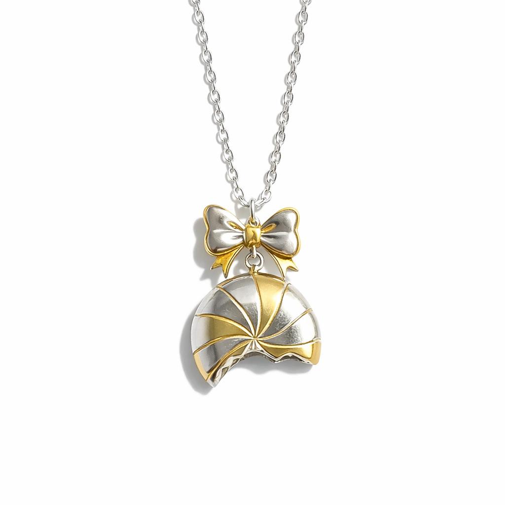 

Food Series Croissant Love Biscuits Cookies Bow Gold And Silver Splicing Color Necklace