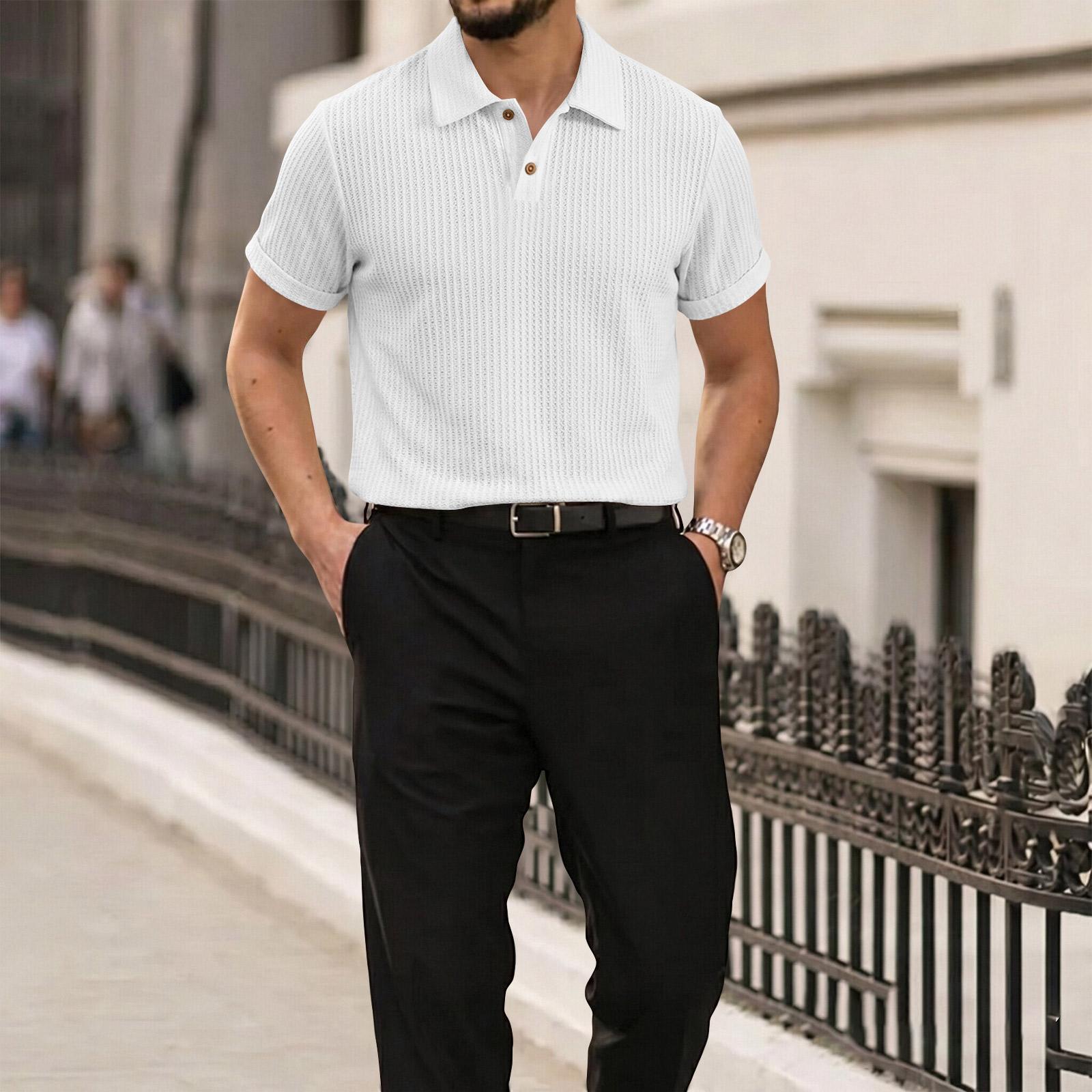Men s Summer Short Sleeve Polo Shirt Textured Knit Diamond Pattern Casual Button Down Collar Lightweight Breathable Fabric S белый