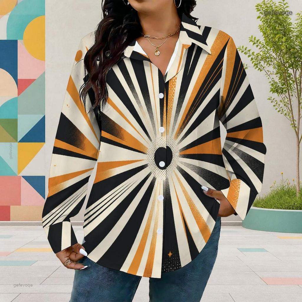 Women Plus Size Abstract Geometric Printed Collared Neck Long Sleeve Button Front Curved Hem Shirt