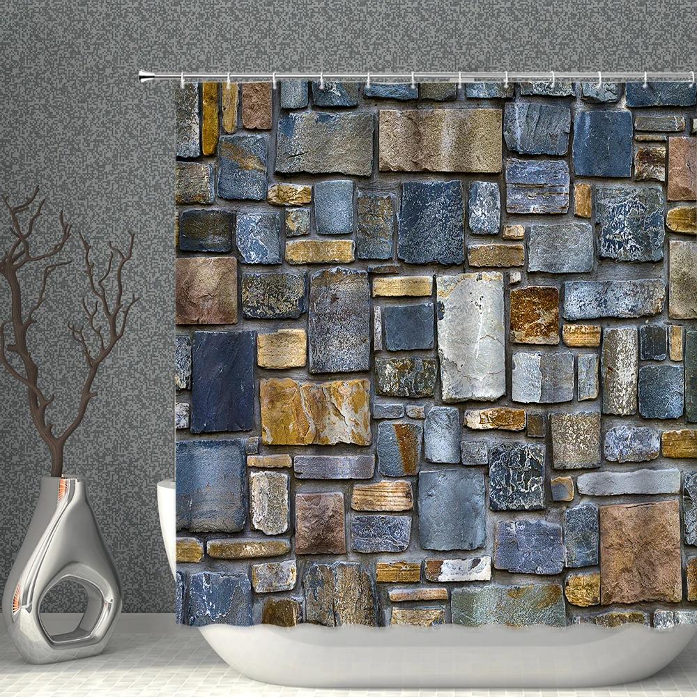 

Brick Pattern Shower Curtains Waterproof Fabric Stone Grain Bath Curtain For Bathroom Partition Multi-size With Hooks Home Decor W90XH180cm