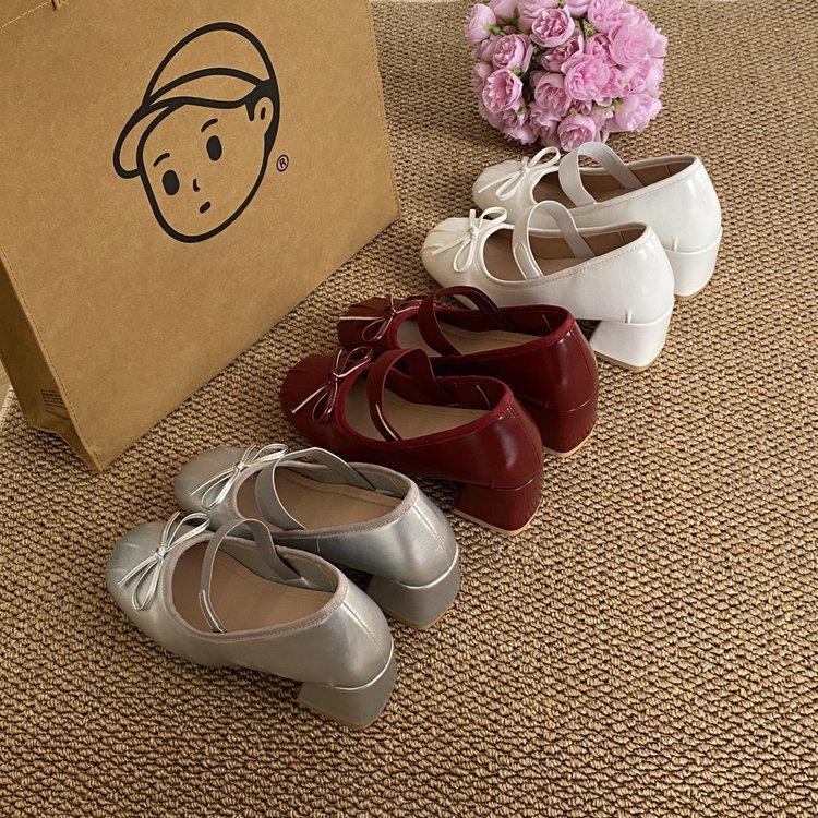 French Ballet Single Shoes Women's Sweet Bow Red Silk Small Leather Shoes Round Head High Heel Mary Jane Single Shoes Women