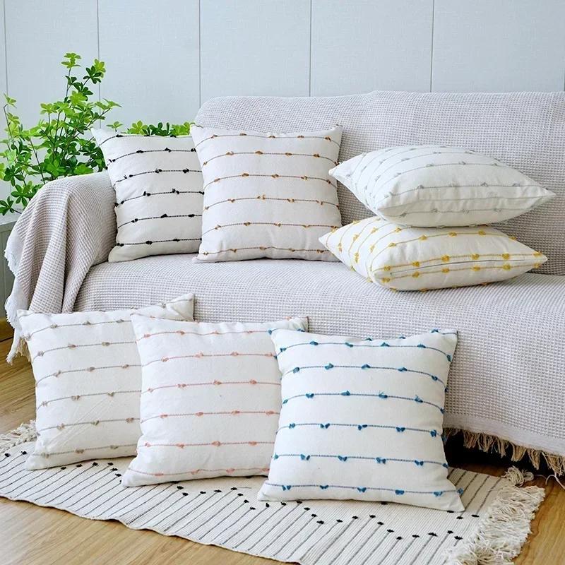 Line Linen Pillow/Cushion Covers European with Tassels Throw Pillow Sham 18x18 Home Decor Square Decorative for Couch Kids Bed