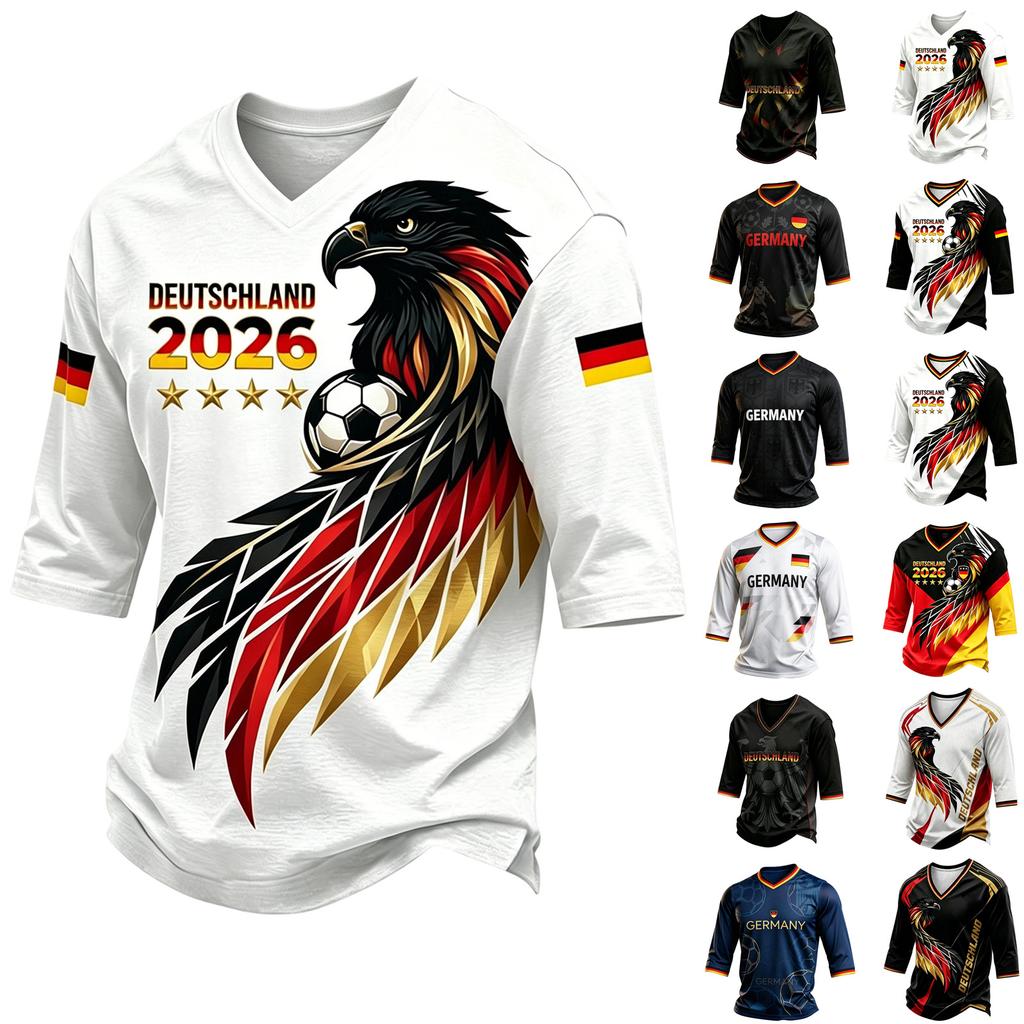 Men's Casual V Neck T Shirt Three Quarter Sleeve Top Soccer Inspired Graphic Print Lightweight Comfortable Fit