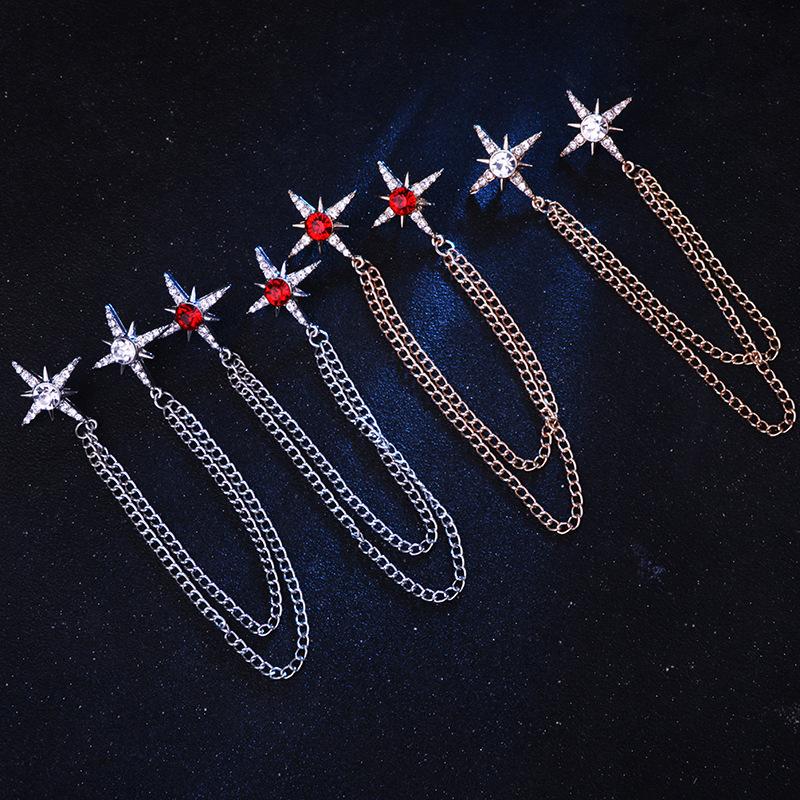 Men Rhinestone Pin with Gold Silver Tassel Jewelry Luxury Clothes Accessory for Suits Shirts Collar Wedding