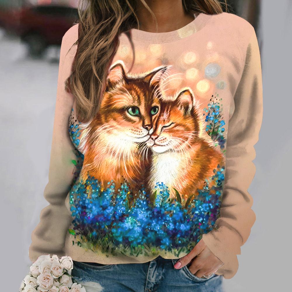 Tricouri pentru femei cu imprimeu cu pisici cu anime Pulover stil vintage din bumbac cu decolteu O Y2k cu mânecă lungă Îmbrăcăminte de damă Pulover de stradă supradimensionat