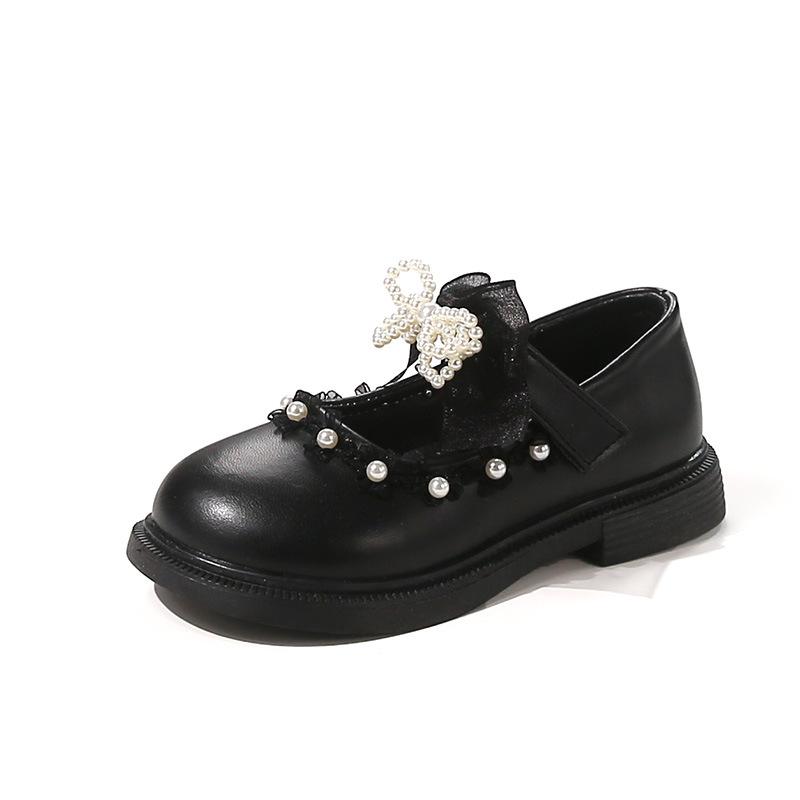 Girls Fashion Pearl Princess Leather Shoes 2025 Autumn New Children's Black Performance Shoes Bow Casual Shoes