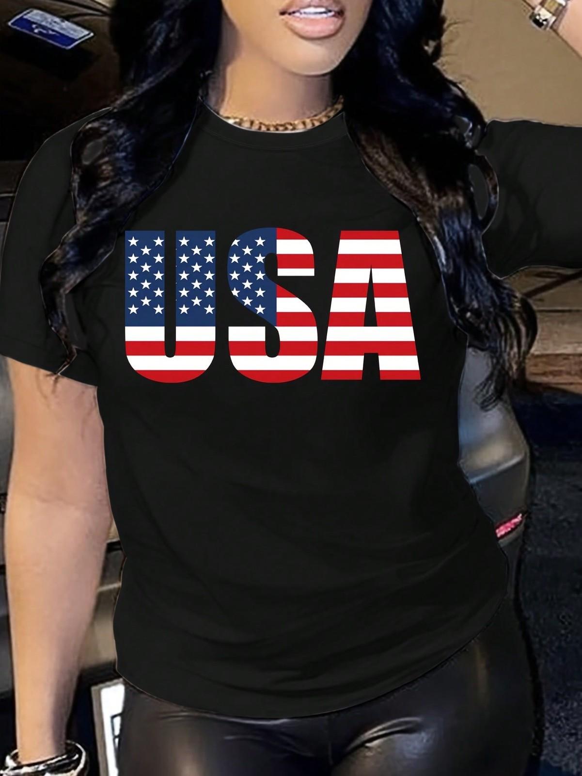 Women S Casual T-Shirt With USA Flag Design - Short Sleeve Crew Neck XL