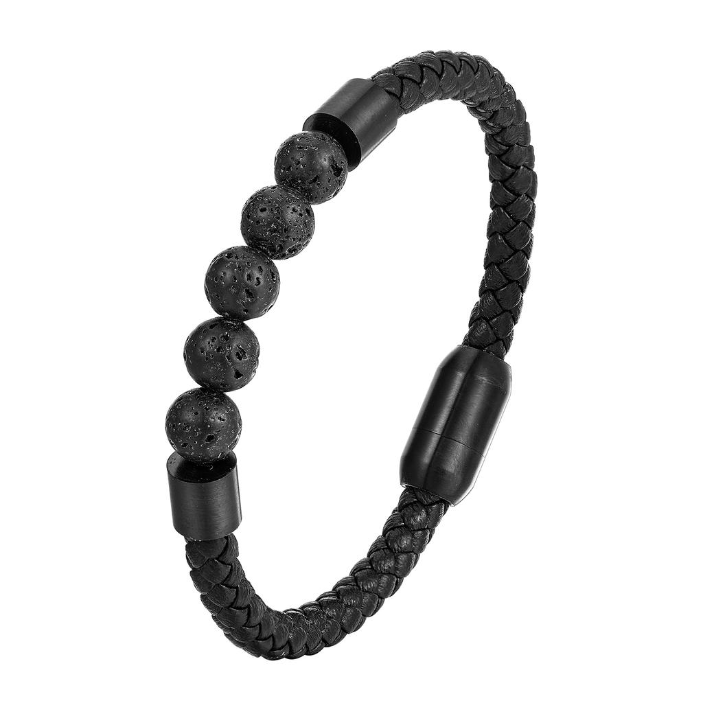 Titanium Steel Man Chakra Jewelry Wholesale Stainless Steel Men's Black Leather Volcanic Beaded Braclets Stone Leather Bracelets