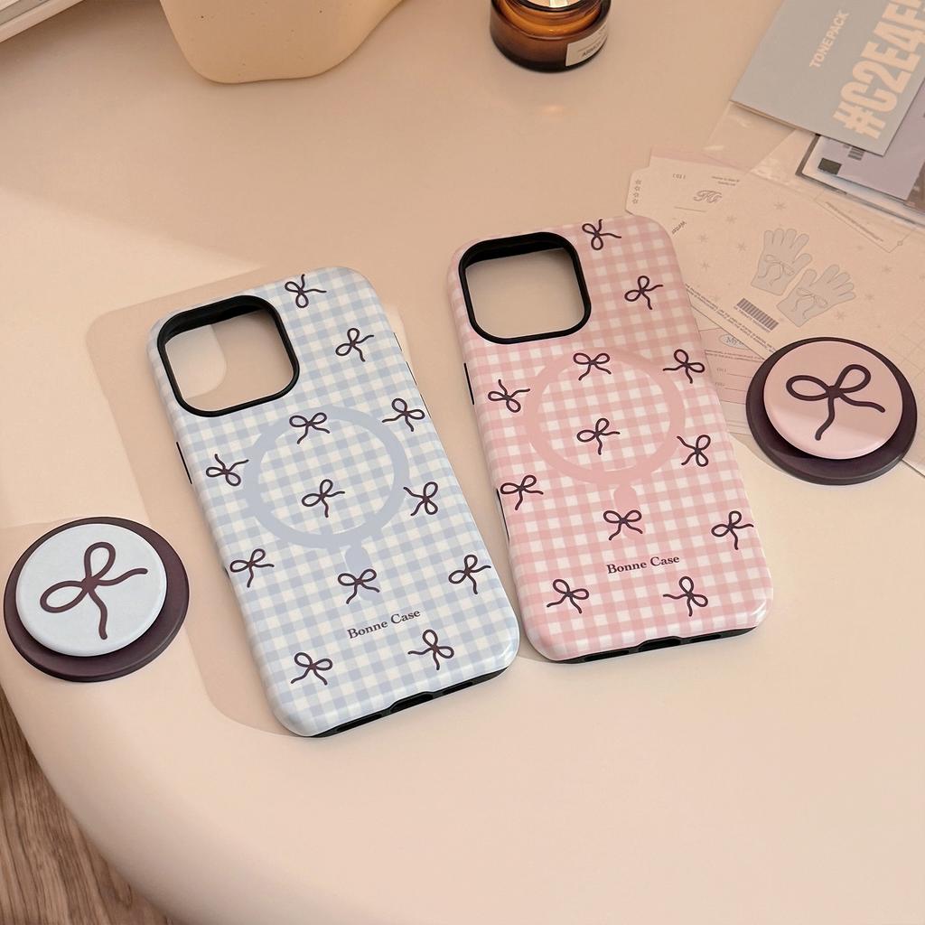 Checked Bow Magnetic Bracket IPhone16promax IPhone Case 14 Suitable for 13 Film 15 Sweet