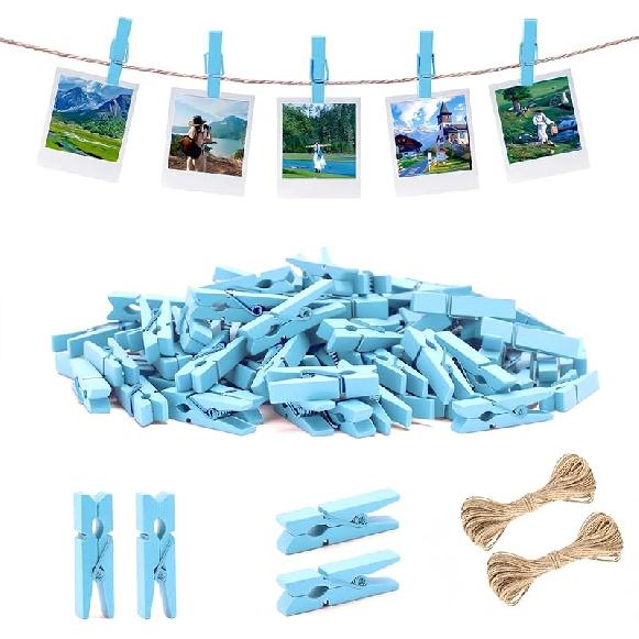 jijAcraft Mini Clothesp with String - 100Pcs Small Wooden Clothes P, Natural Brown Photo Hanging Clips, Craft Clips for Picture, Cocktails Decor,