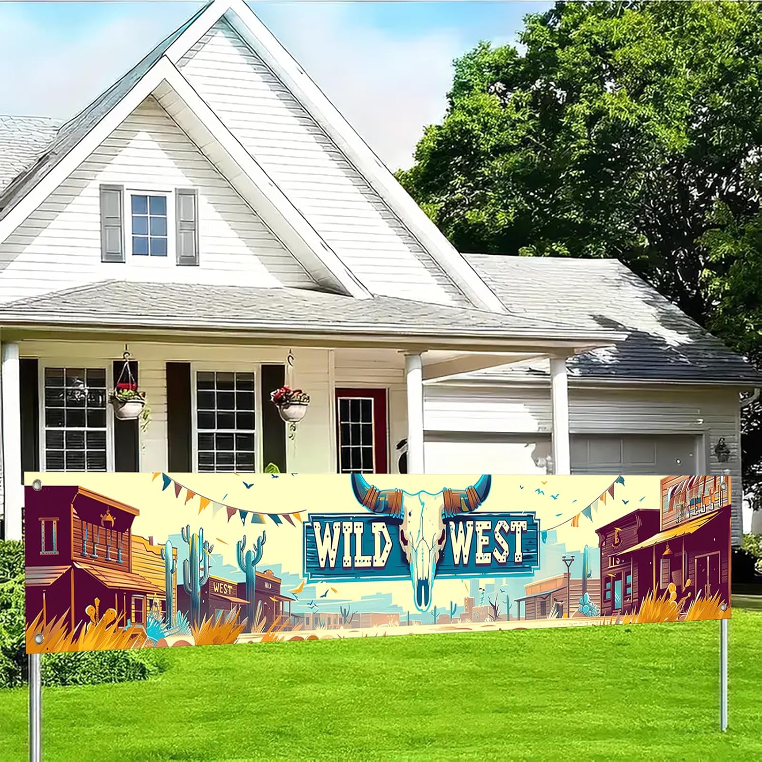 Western Welcome Banner 118x20 Inch Cowboy Welcome Sign for Porch Rustic Western Decor with Horse Boot Hat Pattern for Country Party Decorations Desert Tones