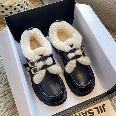Mode Hohe Qualität Leder mit Lammfell flache Schuhe Frau Doppel Schnallenband Winter Loafer Fellige Sneaker Damen Fell Brogue große Größe 42