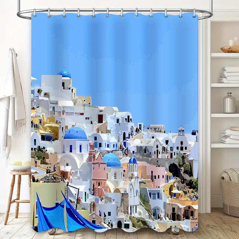 Bathroom Shower Curtain Decor with Blue Sky Scene White Village House Print for Home Decoration Waterproof Fabric In Multiple Si