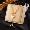 Gold Plated Stainless Steel Toggle Chain Necklace with Pearl Heart Pendant Teardrop CZ Tassels for Women