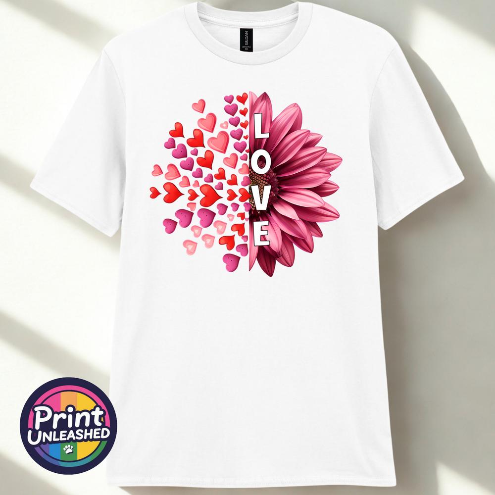 Pink Flower TShirt Floral Hearts Printed Tee Love Heart Gift Unisex Top S2XL M