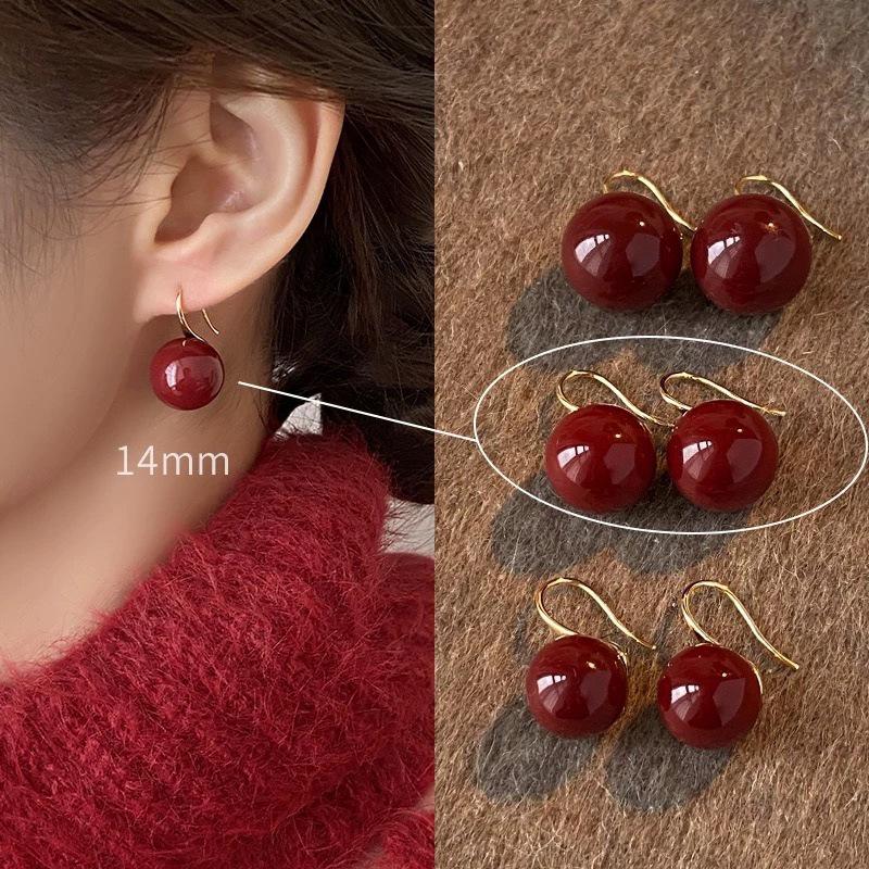 Stylish Red Pearl Anchor Ear Hooks: Retro, Elegant, Versatile Round Earrings for Women. Perfect Light Luxury Accessory for the New Year.
