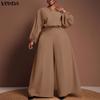 Elegant Women Outfits Puff Sleeve Blouse and Zip-up Trousers Casual Two Piece  Sets