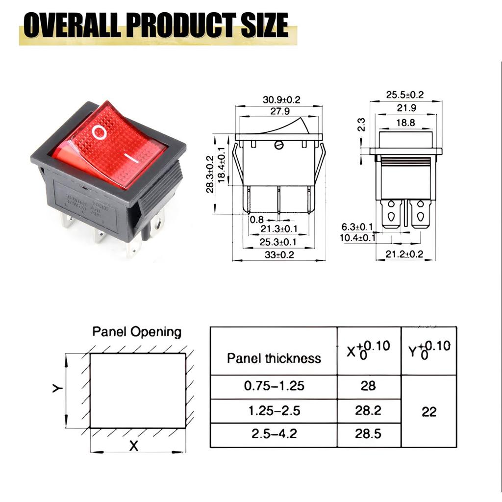 Fielect 2Pcs ON/Off Boat Rocker Toggle Switch 6 Pins 2 Position AC 250V/16A 125V/20A Toggle Switch with Red Light