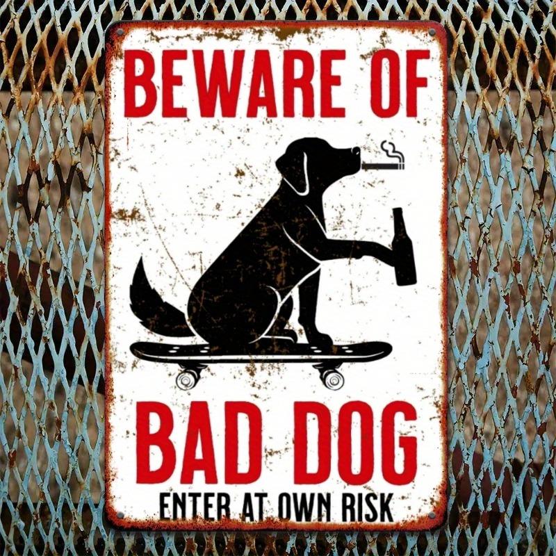 Humorous Vintage "Beware of Bad Dog" Metal Wall Sign - Rustic Iron Warning Plaque Distressed Finish & Skateboarding Dog Design