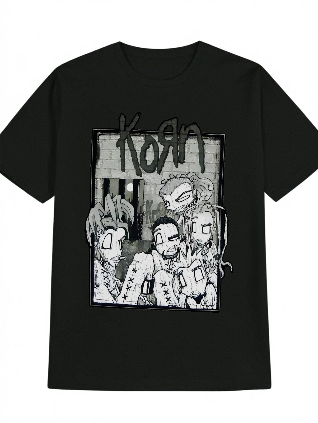 Casual Crew Neck T-shirt with Cartoon Character Brick Wall Print - Black M