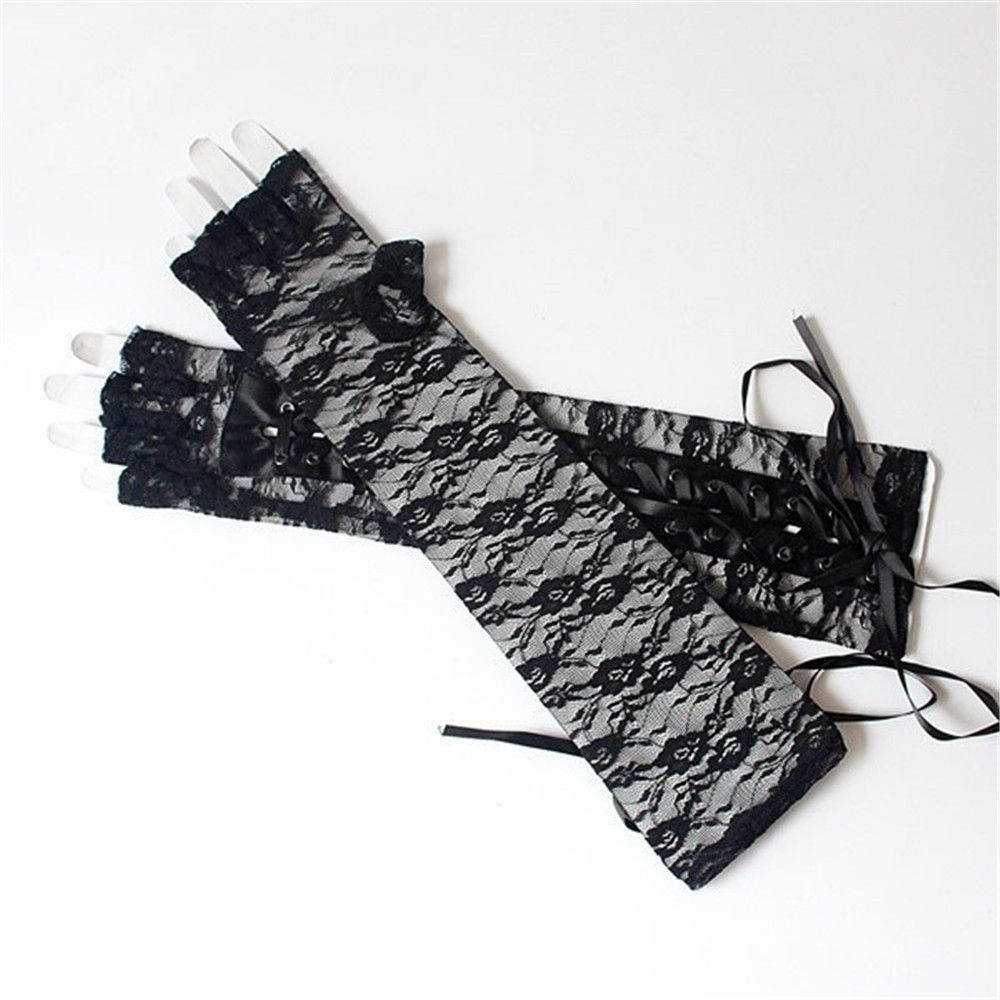 Women Fingerless Ritual Dance Long Halloween Gloves Punk Gothic Mittens Silk Ribbon Lace Gloves