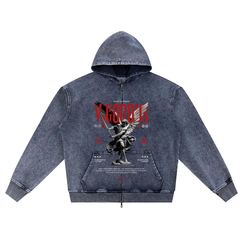DTG print Knitted Denim Zip-Up Hoodie Angel Streetwear Brother Print Zipper Hoodies