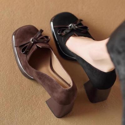 Women Spring Autumn Pumps Chunky High Heels Shoes for Ladies New Bow Suede Fashion Heels Women Brown Platform Square Toe Zapatos