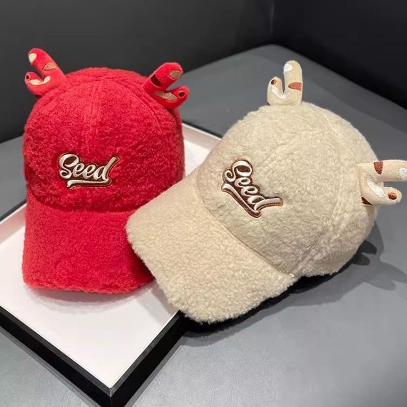 Cute Antler Hat Lamb Wool Baseball Cap Autumn and Winter Women's Versatile Sweet Warm Cartoon Cap