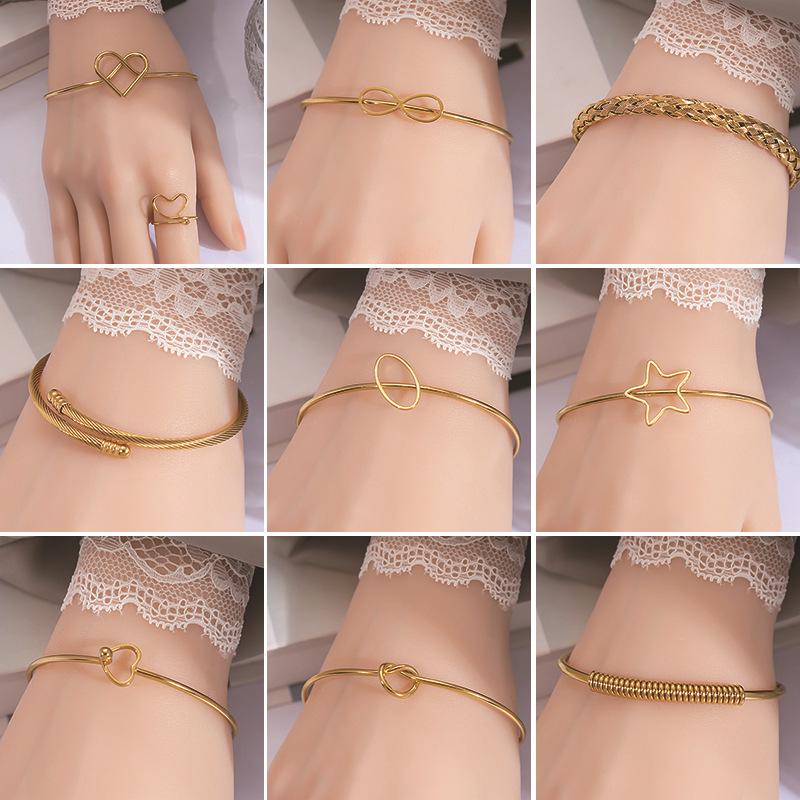 

Minimalist Metallic Heart Bracelet & Knotted Open Bangle with Crescent Moon Design