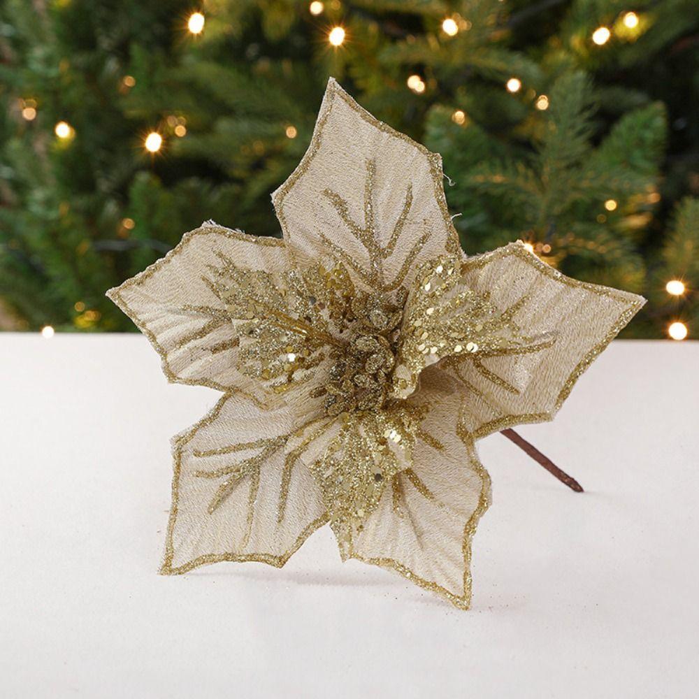Fabric Plastic Christmas Artificial Flowers 24cm DIY Decoration Fake Flower Ornaments 5 Colors Xmas Tree Decorations New Year