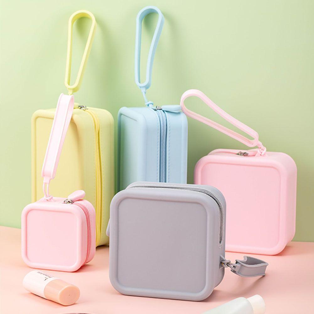 Fashion Solid Color Coin Purse Square with Zipper Storage Bag with Handle Silicone Makeup Bag Multi-Purpose Use