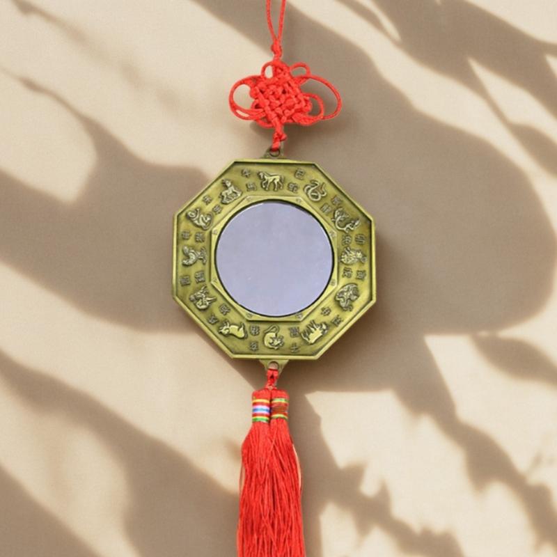 Fengshui Bagua Mirror for Home Protective and Positive Energy with Lion Biting Swords Chinese Knots Tassels Ornament