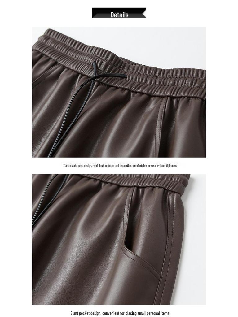 2025 Autumn/Winter Women's High Waist Leather Pants - Stylish Wide-Leg, Loose-Fit, Elastic Drape Trousers