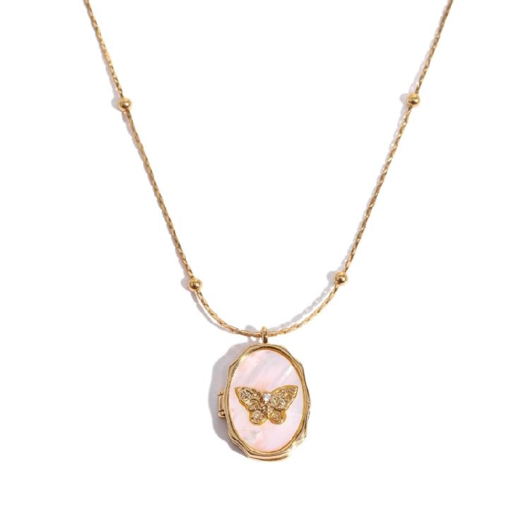 

Seashells Butterfly Pendant Neck Chain Photo Frame Necklace Gold-plated Women Vintage Aesthetic Neckwear Jewelry 1
