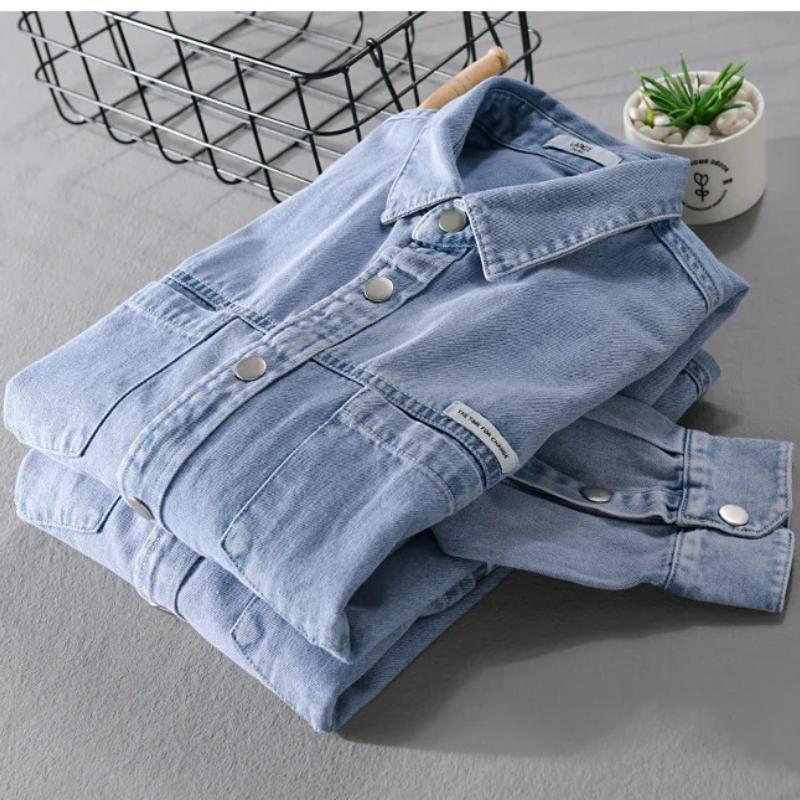 Męska koszula dżinsowa w stylu retro, niebieska, wiosenna, streetwearowa, z długim rękawem, dżinsowe topy, bawełniana, z kieszeniami, zapinana na guziki, odzież męska, młodzieżowe popularne topy casualowe