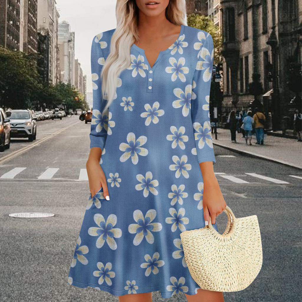Women's Summer Dress Loose V Neck Three-quarter Sleeve Sundress With Pockets Dress