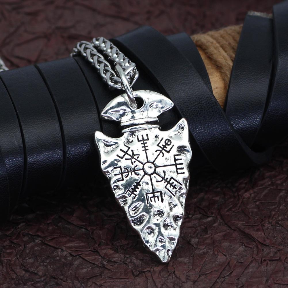 Wikinger Logo Kompass Halskette für Männer und Frauen, Accessoires, Anhänger, Anhänger, Wegweiser zum Erfolg, Geld, Glück, Schmuck in antiker Silberfarbe.