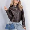 Women Stand Collar Button Down Cropped Faux Leather Jacket