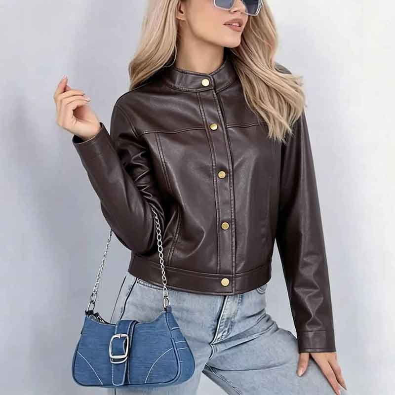 Women Stand Collar Button Down Cropped Faux Leather Jacket