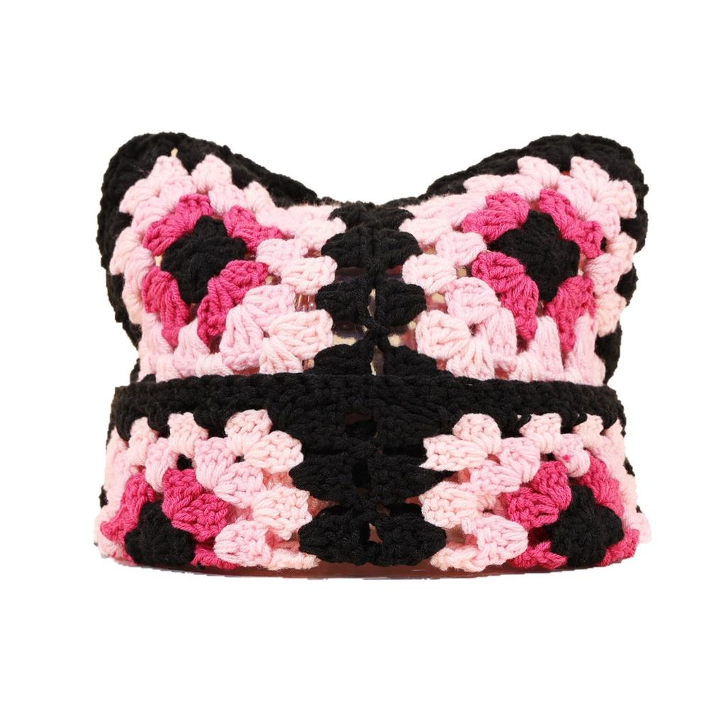 New Handmade Knitting Halloween Versatile Fashion Multi-Color Grandmother Grid Cat Ear Hat Adult Hat