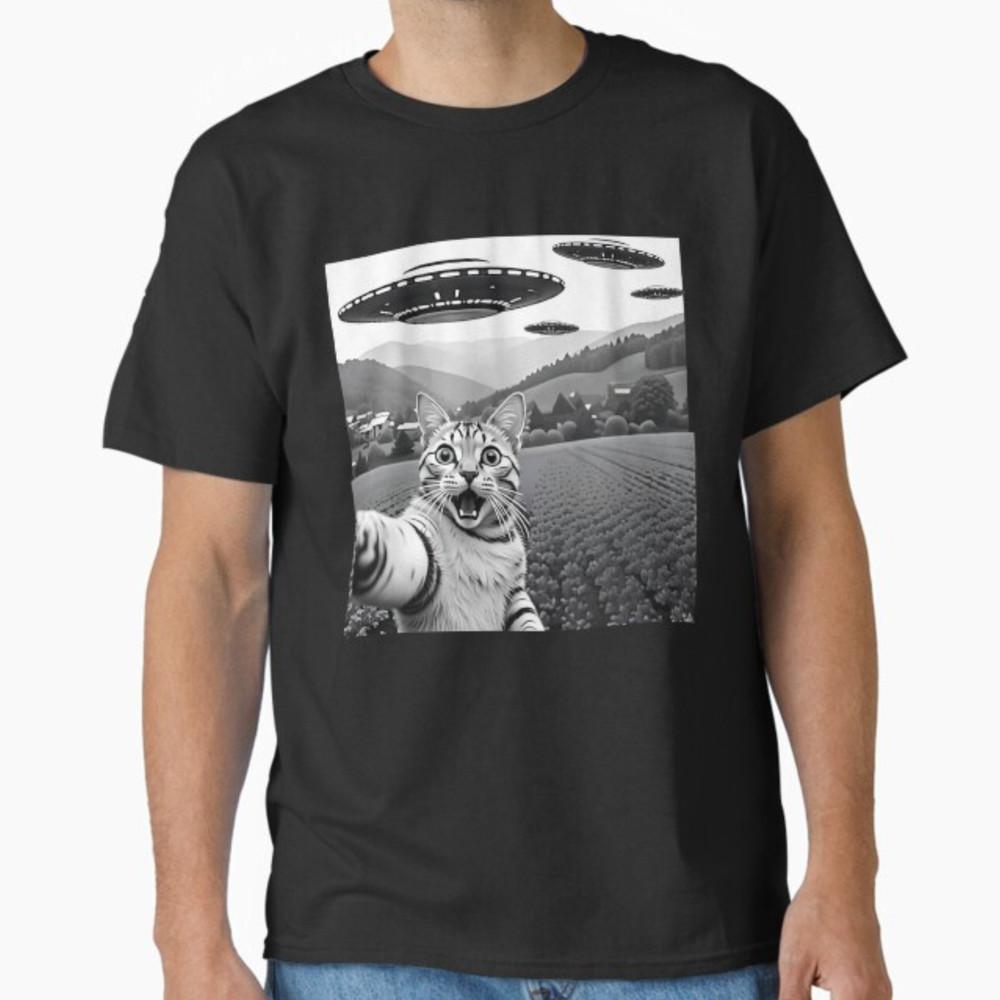 Смешное Селфи Кота с Инопланетным НЛО Крутая Футболка для Любителей Животных Унисекс Унисекс Футболка M