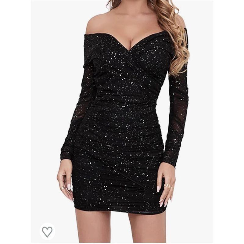 

Заказ внешней торговли Темперамент Ли Пайетки Блестящее Платье для вечеринки по случаю дня рождения с открытыми плечами, длинными рукавами, сексуальным глубоким V-образным вырезом, с подкладкой на груди Black M(10)