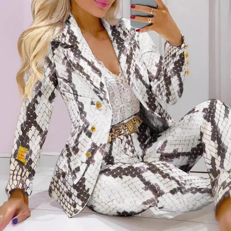 VEZFAA Women's Fashion Casual Spring Autumn Long Sleeve POLO Neck Trousers Pants Suits