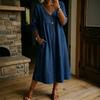 Women V Neck Eyelet Lace Panel Linen Midi Dress 3/4 Sleeve Loose Swing Casual Pocket Boho Vacation Ladies Sundress