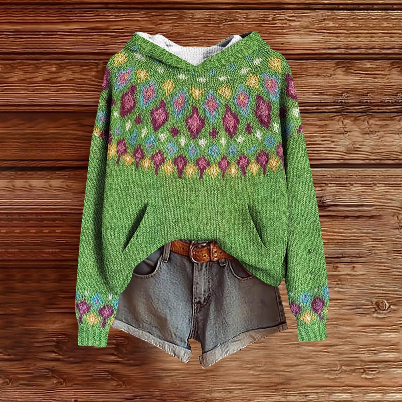 

Женские толстовки Вязаный свитер Милая рубашка Осенний пуловер Толстовка с капюшоном S зелёный