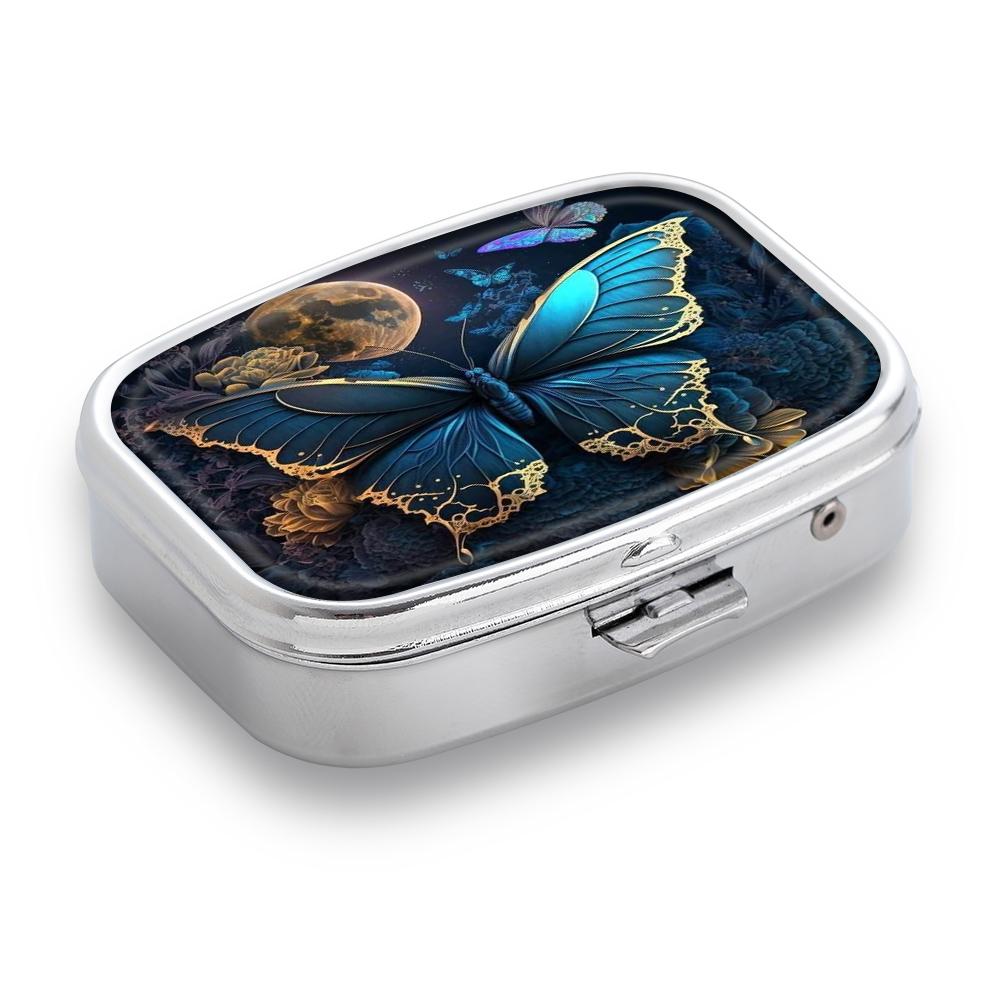Portable Pill Box with 2 Compartments, Mini Metal Medicine Organizer Case, Cute Printed Pill Container for Vitamins, Pills, Jewelry, Travel, Daily Use