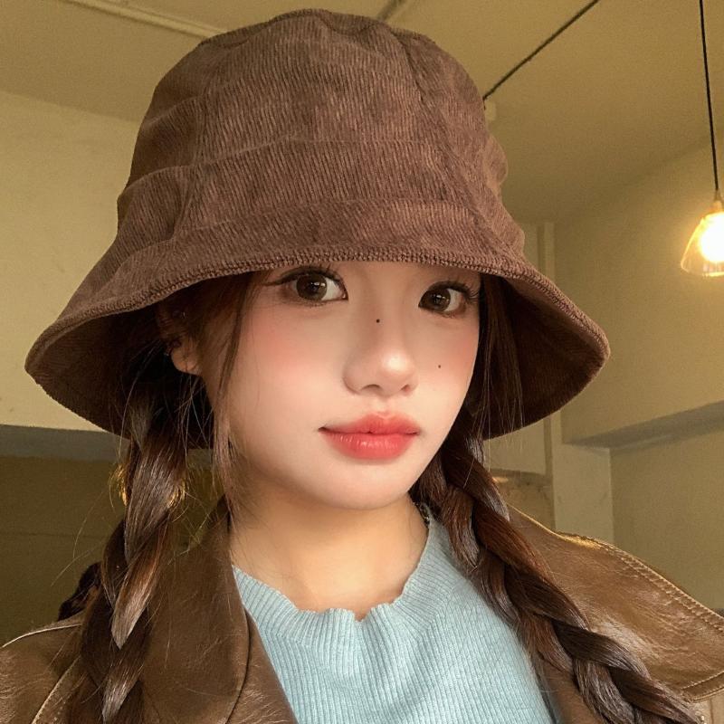 1Pcs Korean Style Foldable Travel Outdoor Hat Corduroy Pleated Bucket Hat For Women Solid Color Soft Casual Sun Hat